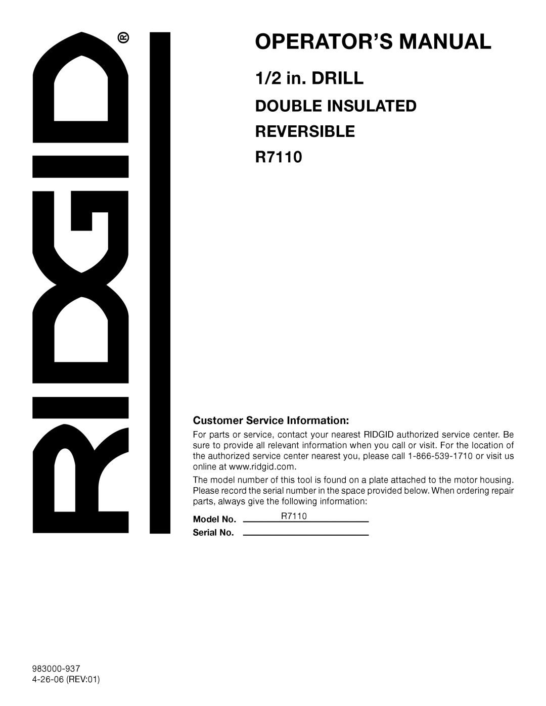 RIDGID R7110 manual Customer Service Information 