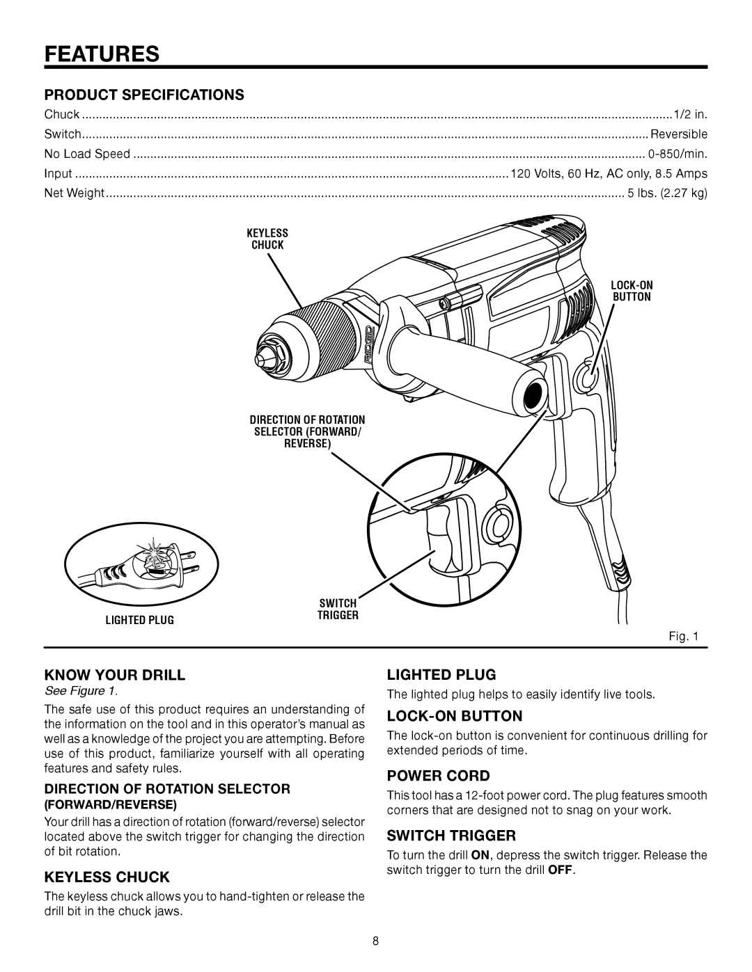 RIDGID R7110 manual Features 