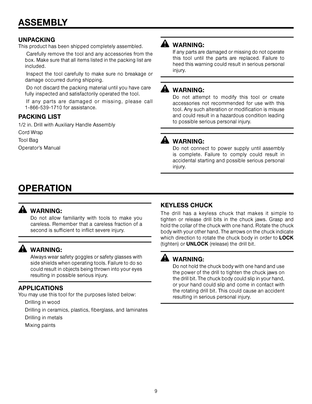 RIDGID R7110 manual Assembly, Operation, Unpacking, Packing List, Applications 