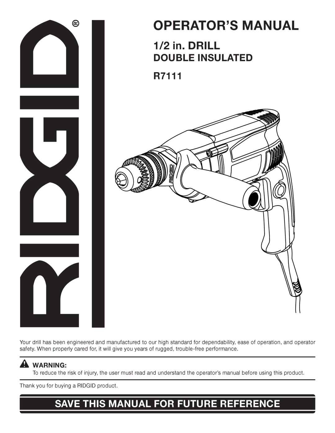 RIDGID R7111 manual OPERATOR’S Manual, Double Insulated 