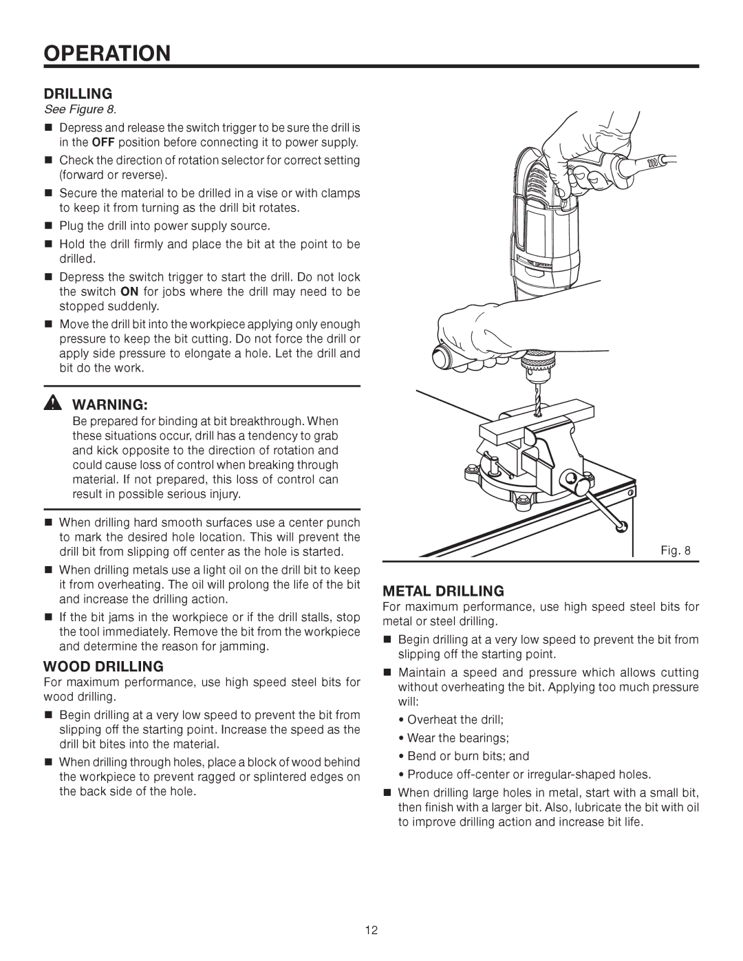 RIDGID R7111 manual Wood Drilling, Metal Drilling 