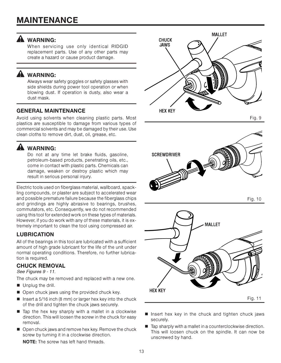 RIDGID R7111 manual General Maintenance, Lubrication, Chuck Removal 