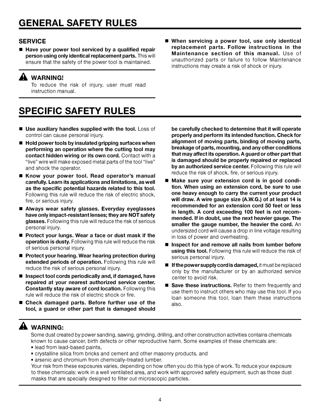 RIDGID R7111 manual Specific Safety Rules, Service 