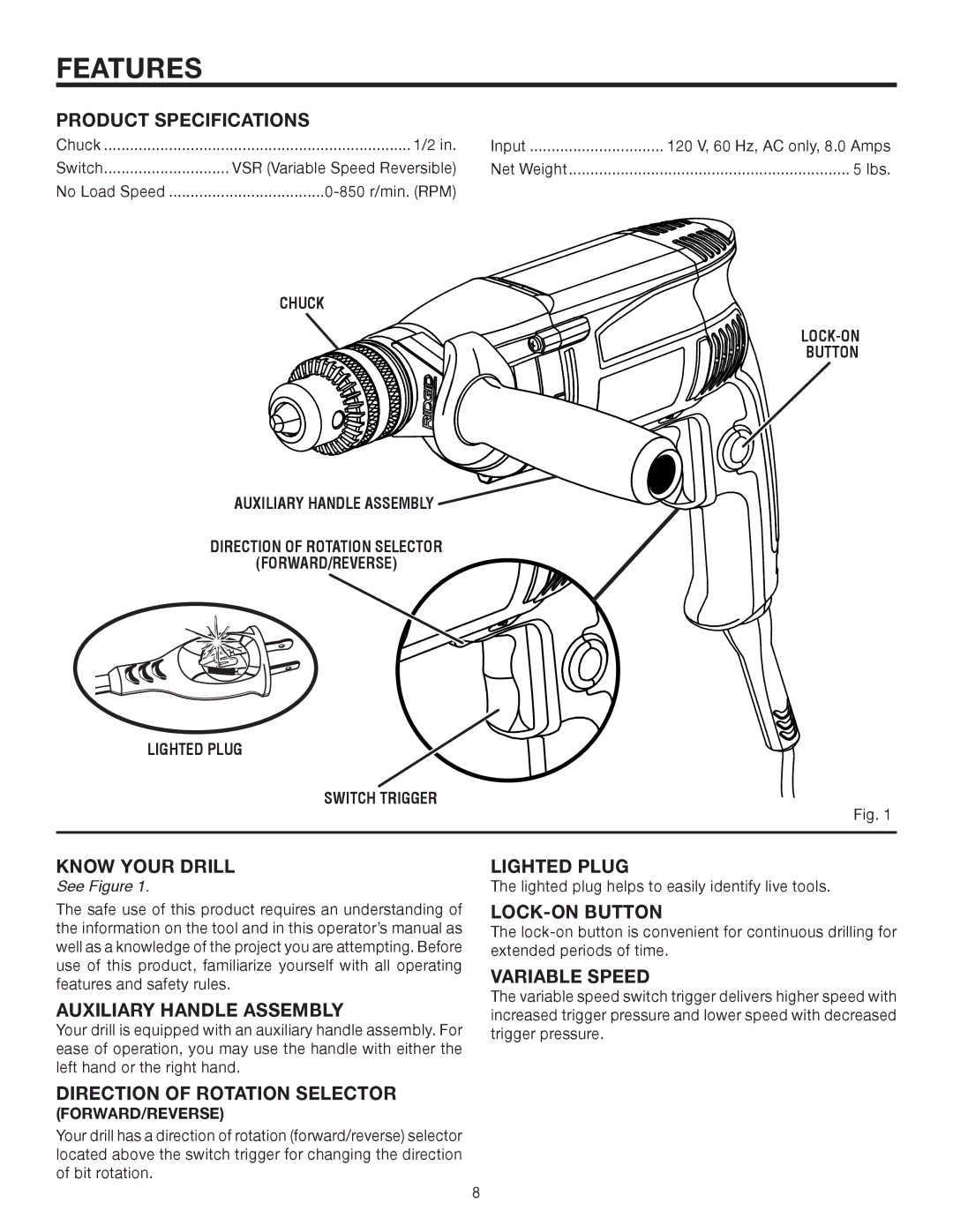 RIDGID R7111 manual Features 