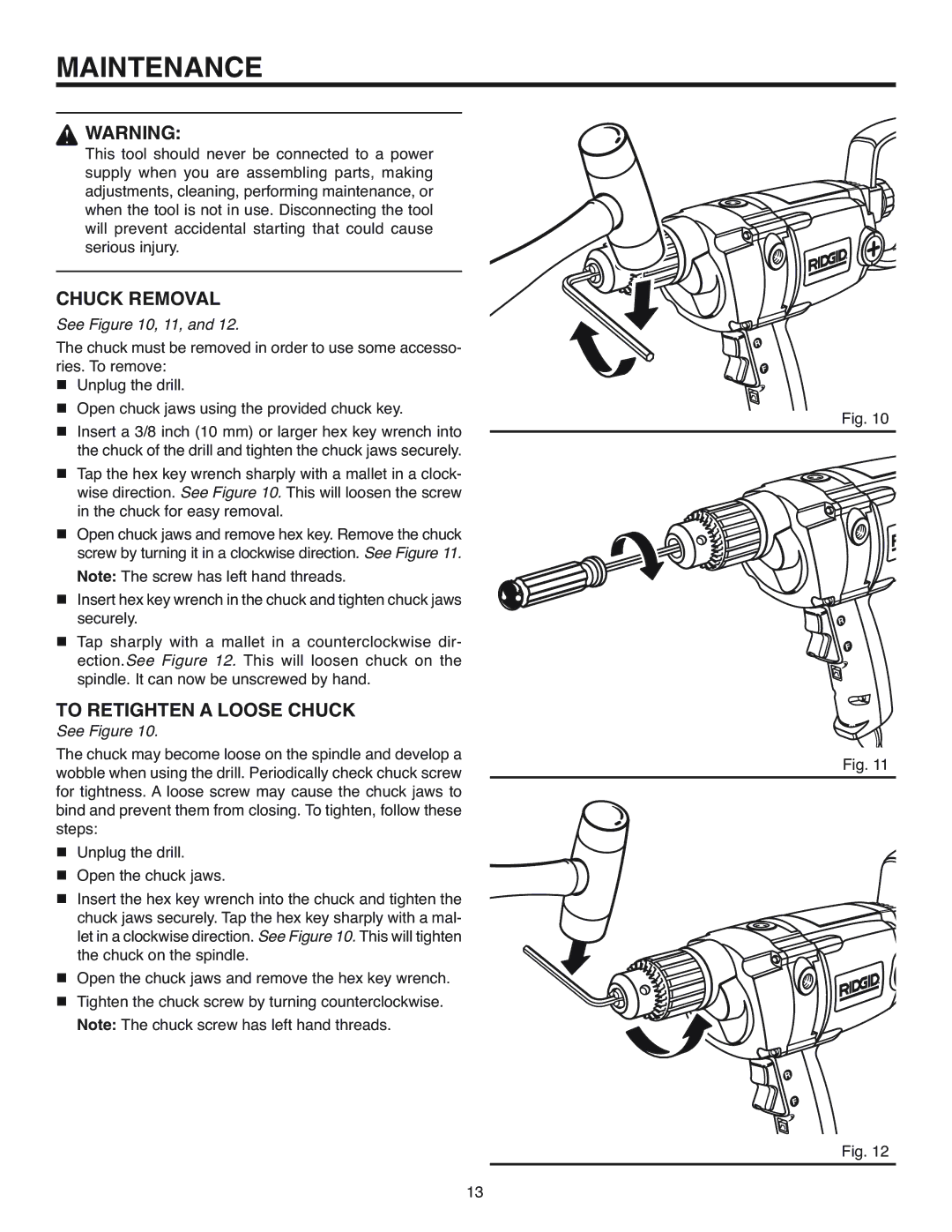 RIDGID R7120 manual Maintenance, Chuck Removal, To Retighten a Loose Chuck 