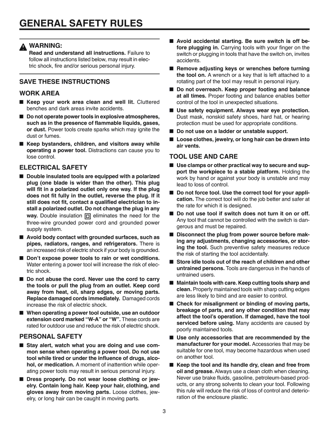 RIDGID R7120 manual General Safety Rules, Work Area, Electrical Safety, Personal Safety, Tool USE and Care 