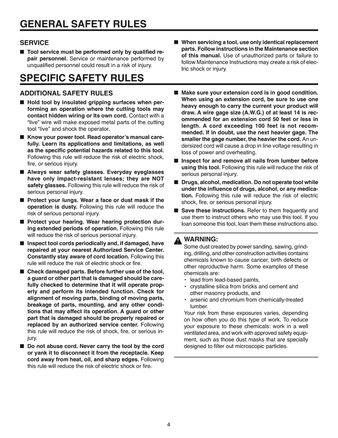 RIDGID R7120 manual Specific Safety Rules, Service, Additional Safety Rules 