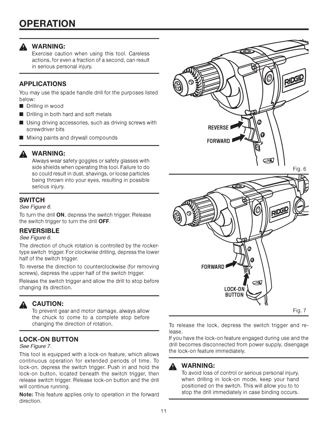 RIDGID R7121 manual Operation, Applications, Switch, Reversible 