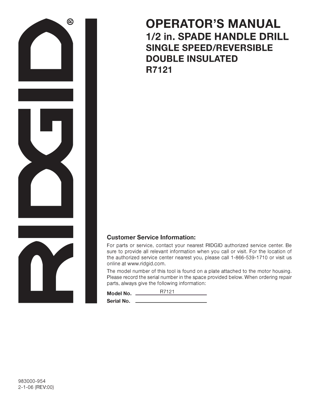 RIDGID R7121 manual Customer Service Information 