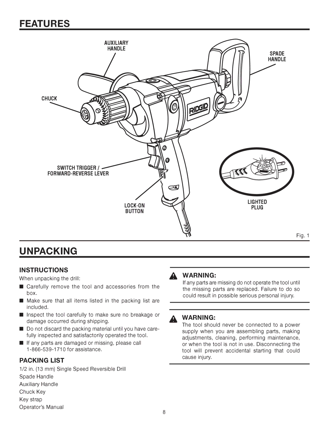 RIDGID R7121 manual Unpacking, Instructions, Packing List 