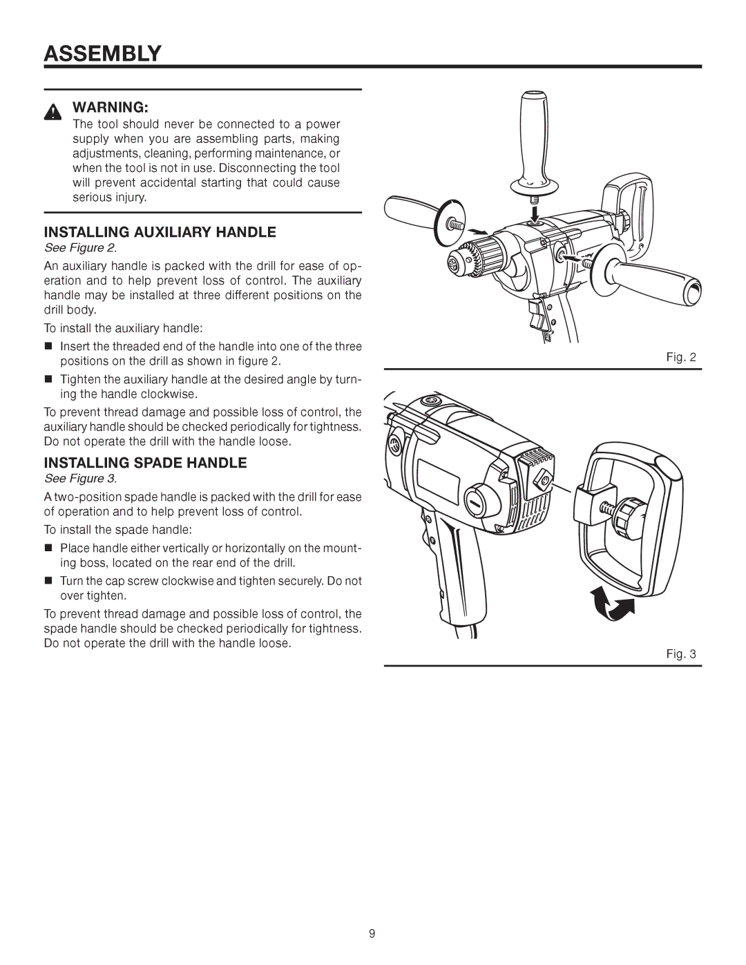 RIDGID R7121 manual Assembly, Installing Auxiliary Handle, Installing Spade Handle 