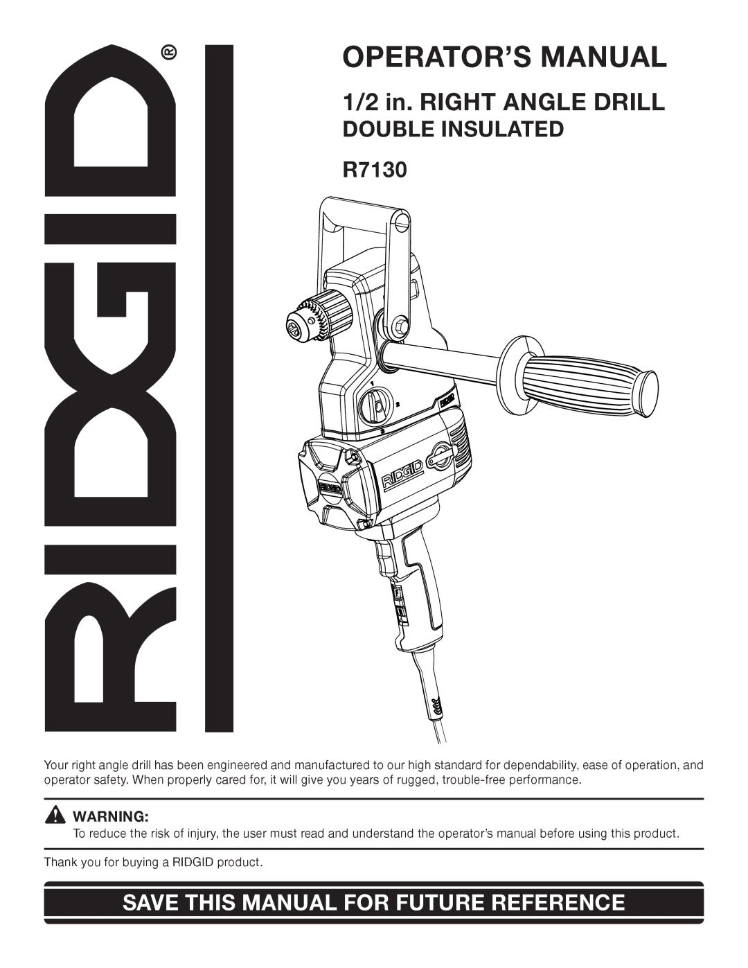 RIDGID R7130 manual OPERATOR’S Manual, Double Insulated 