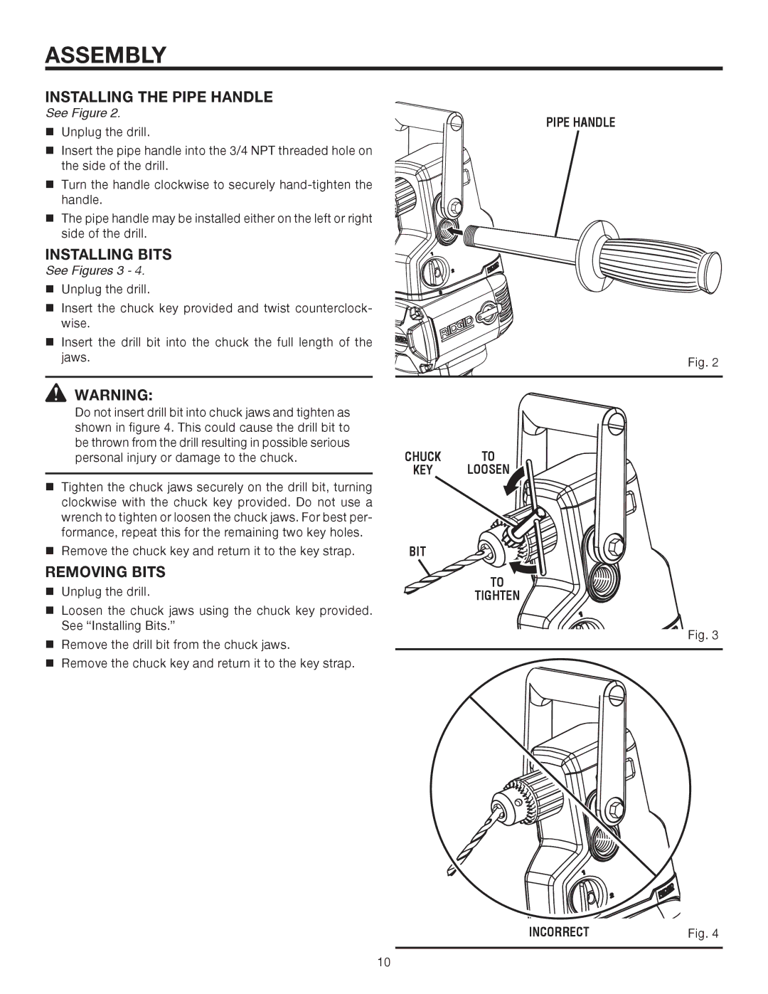 RIDGID R7130 manual Installing the Pipe Handle, Installing Bits, Removing Bits, See Figures 3 