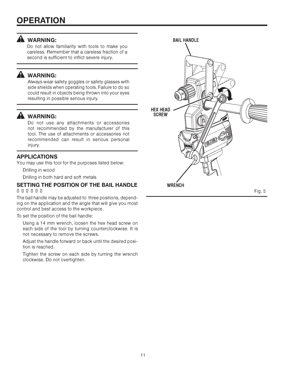 RIDGID R7130 manual Operation, Applications, Setting the Position of the Bail Handle 