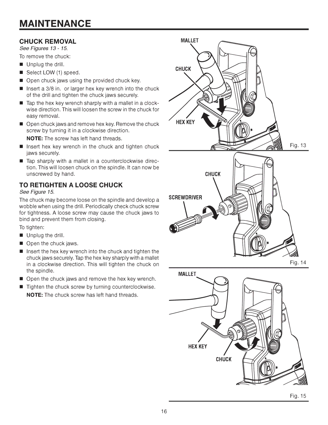 RIDGID R7130 manual Chuck Removal, To Retighten a Loose Chuck, See Figures 13 