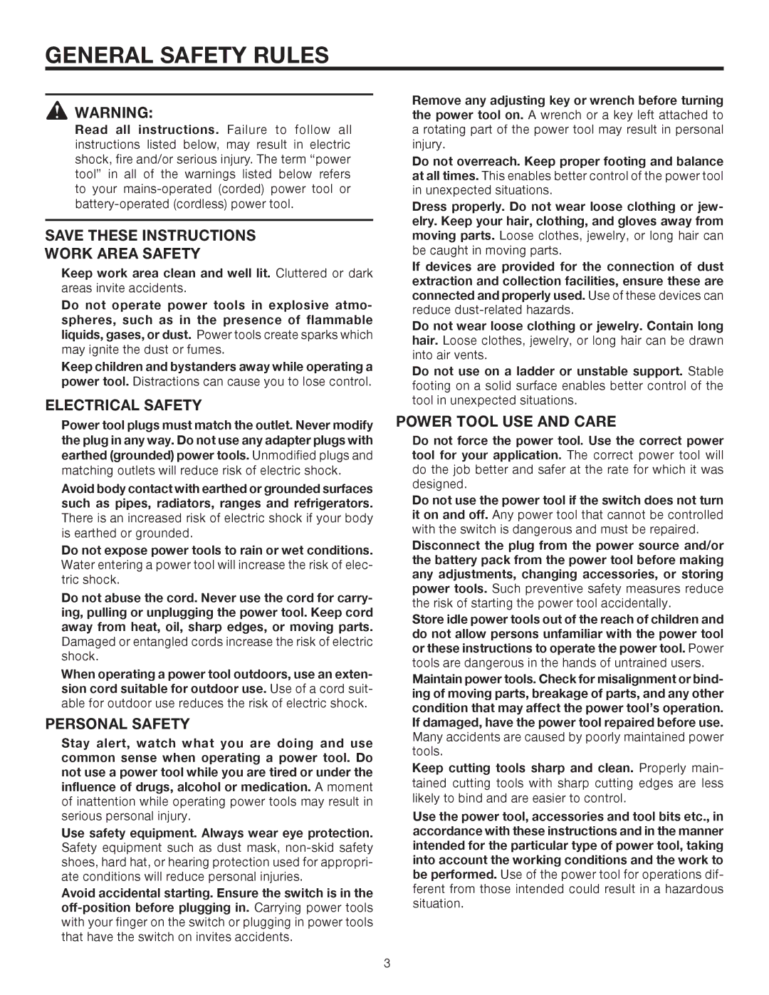 RIDGID R7130 manual General Safety Rules, Work Area Safety, Electrical Safety, Personal Safety, Power Tool USE and Care 