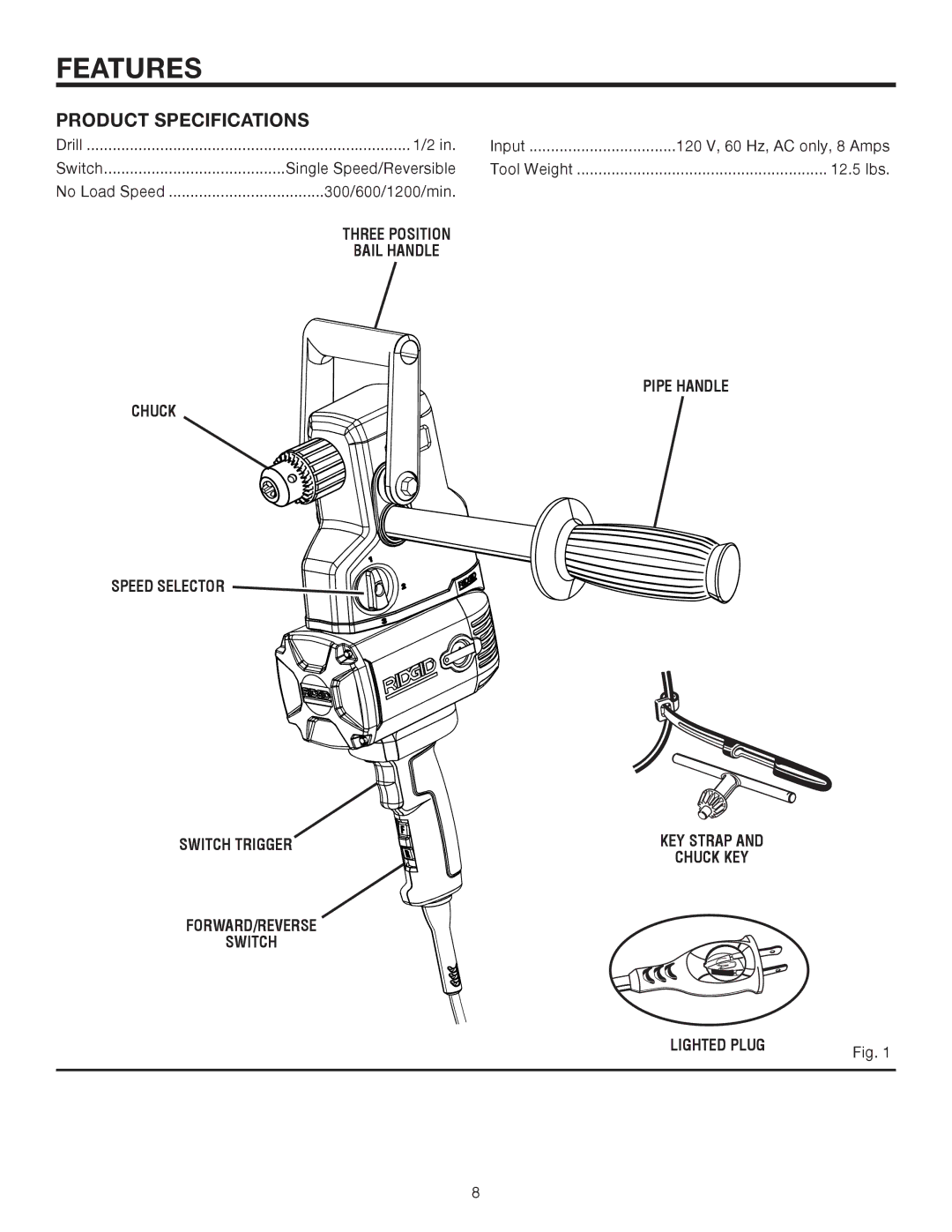 RIDGID R7130 manual Features, Product Specifications 