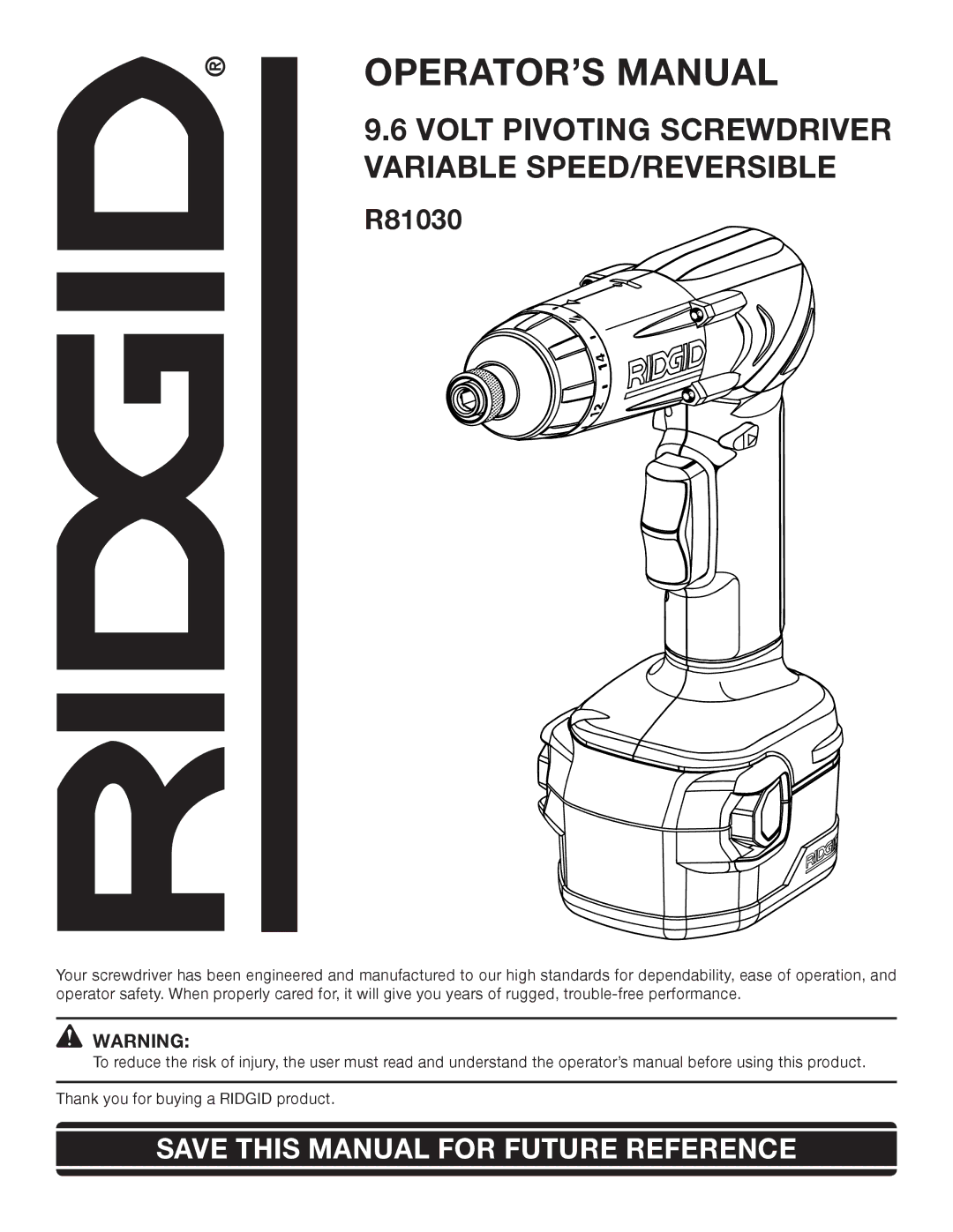 RIDGID R81030 manual OPERATOR’S Manual 