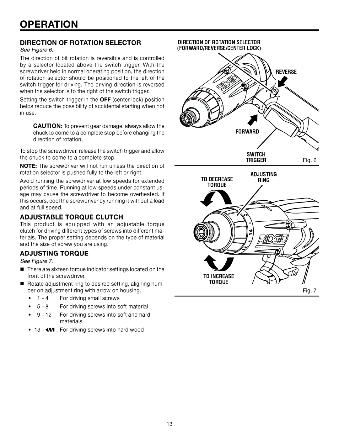 RIDGID R81030 Adjustable Torque Clutch, Adjusting Torque, Reverse Forward, Adjusting To Decrease Ring Torque To Increase 