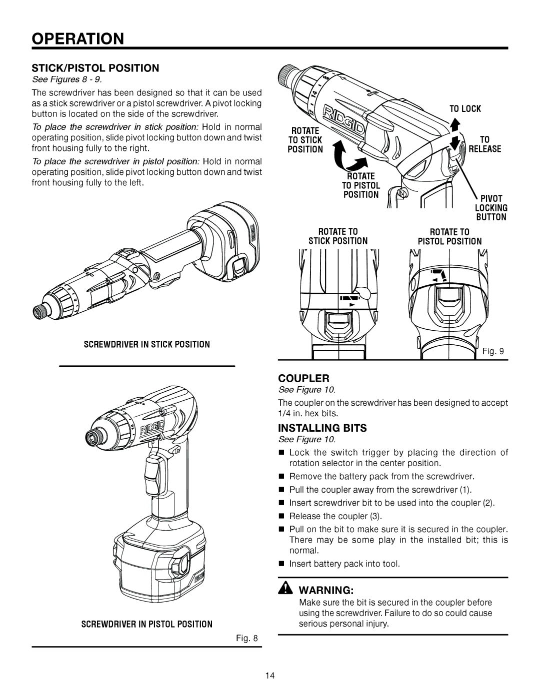 RIDGID R81030 manual STICK/PISTOL Position, Coupler, Installing Bits 