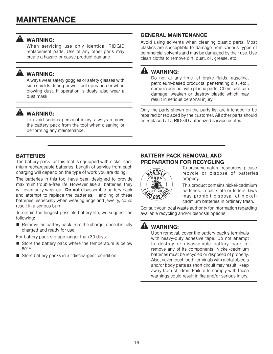 RIDGID R81030 manual General Maintenance, Batteries, Battery Pack Removal Preparation for Recycling 