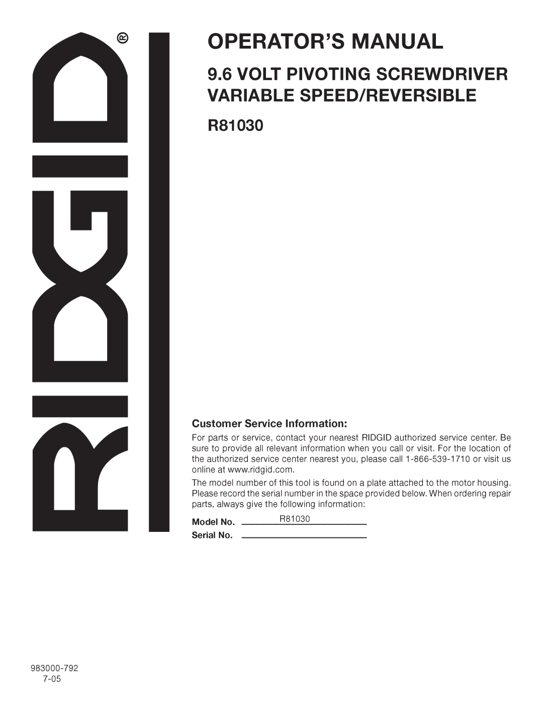 RIDGID R81030 manual Customer Service Information 