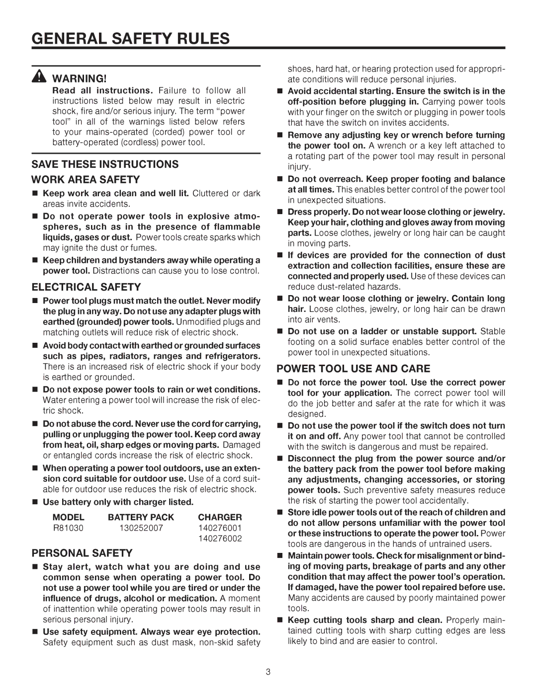 RIDGID R81030 manual General Safety Rules, Work Area Safety, Electrical Safety, Personal Safety, Power Tool USE and Care 