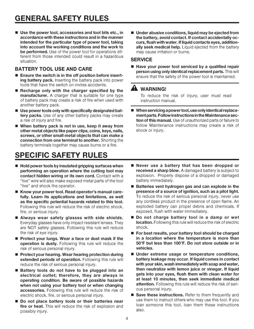 RIDGID R81030 manual Specific Safety Rules, Battery Tool USE and Care, Service 