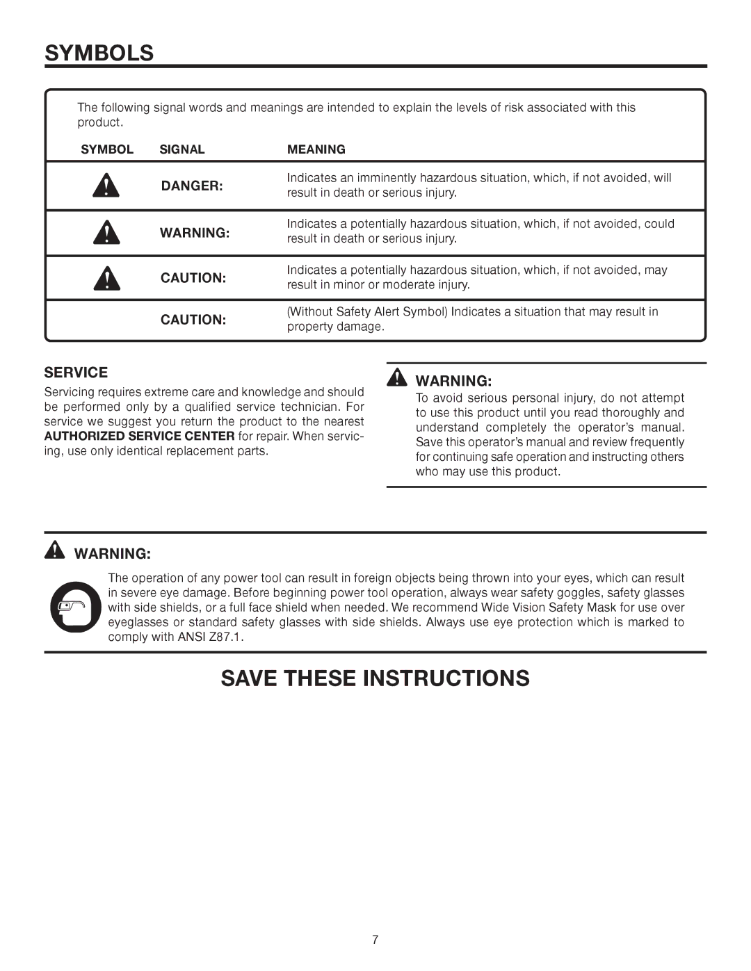 RIDGID R81030 manual Service, Symbol Signal Meaning 