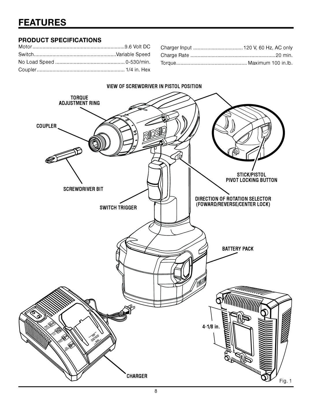 RIDGID R81030 manual Features, Product Specifications, Switch Trigger 