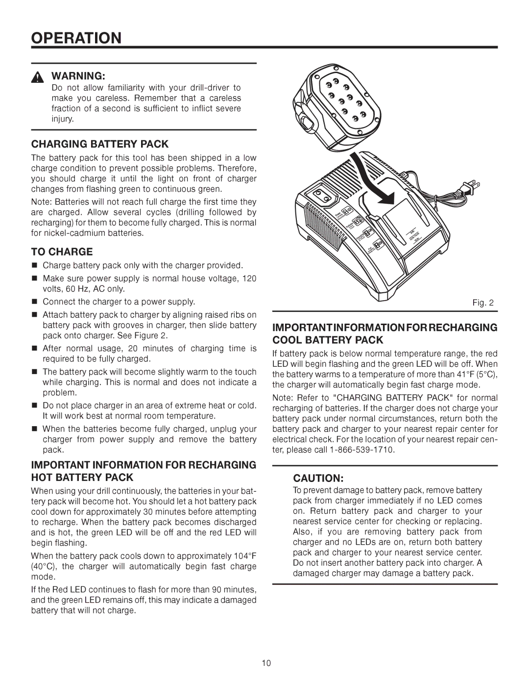 RIDGID R82001 manual Operation, Charging Battery Pack, To Charge, Important Information for Recharging HOT Battery Pack 