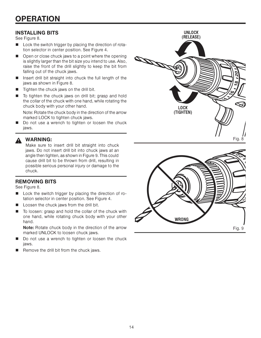 RIDGID R82001 manual Installing Bits, Removing Bits 