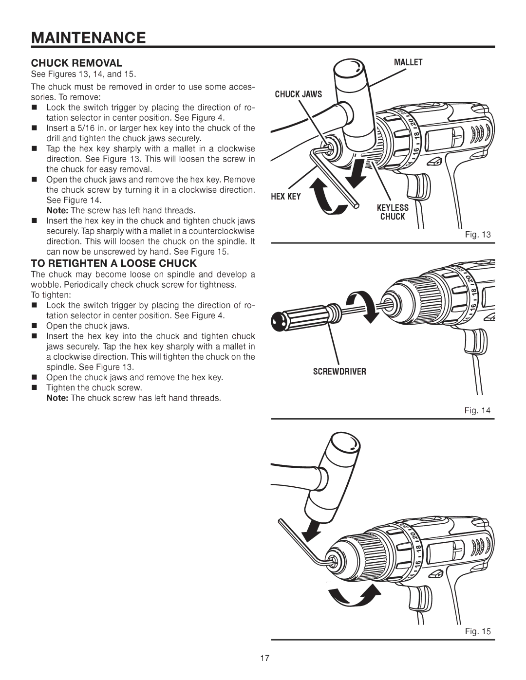 RIDGID R82001 manual Maintenance, Chuck Removal, To Retighten a Loose Chuck 