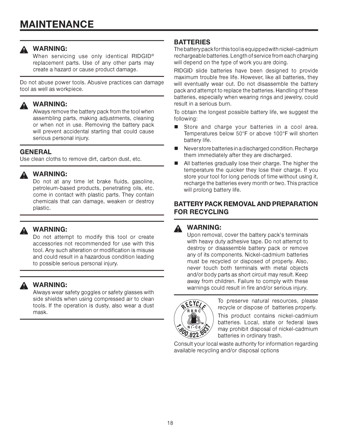 RIDGID R82001 manual General, Batteries, Battery Pack Removal and Preparation for Recycling 