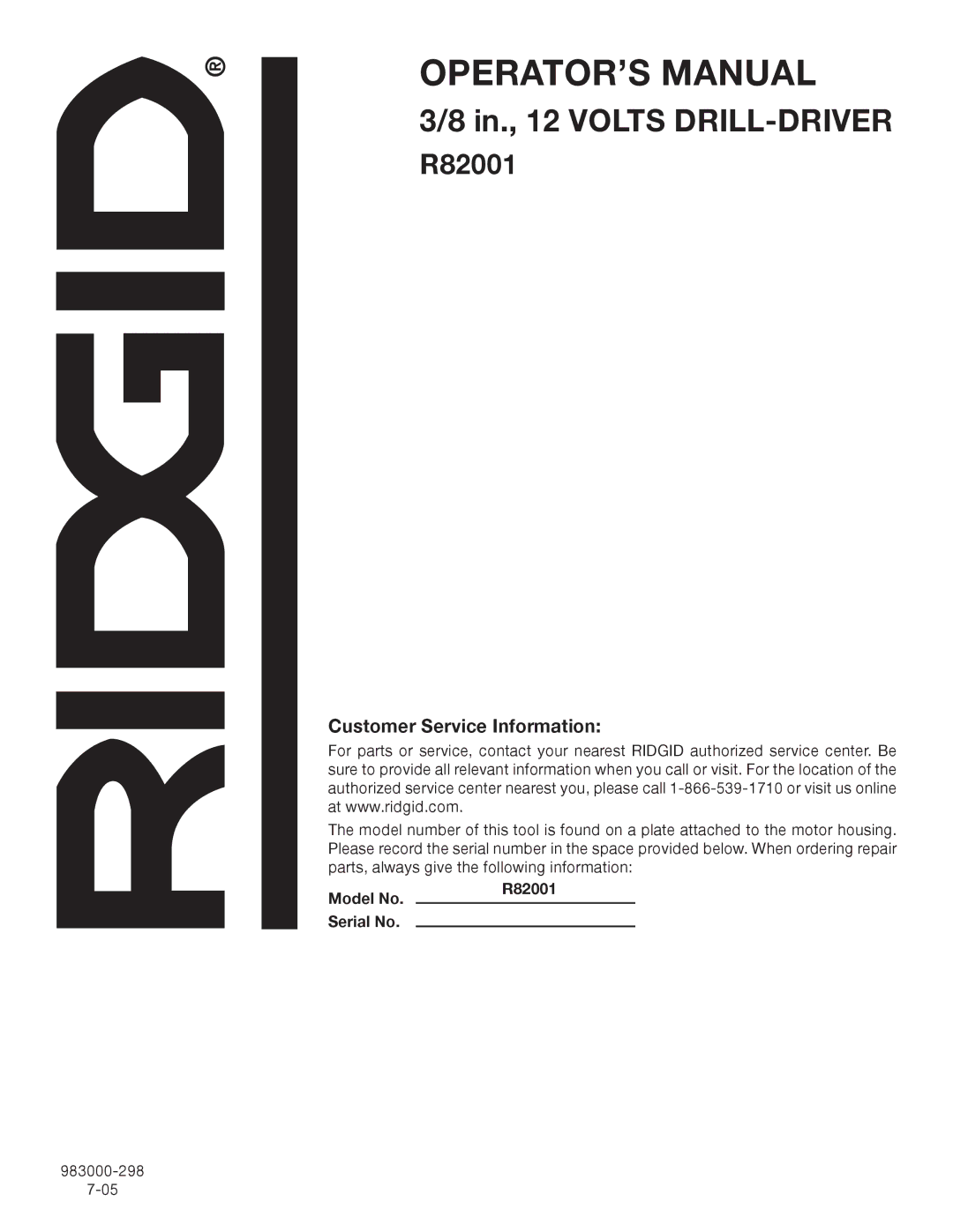 RIDGID R82001 manual Customer Service Information 