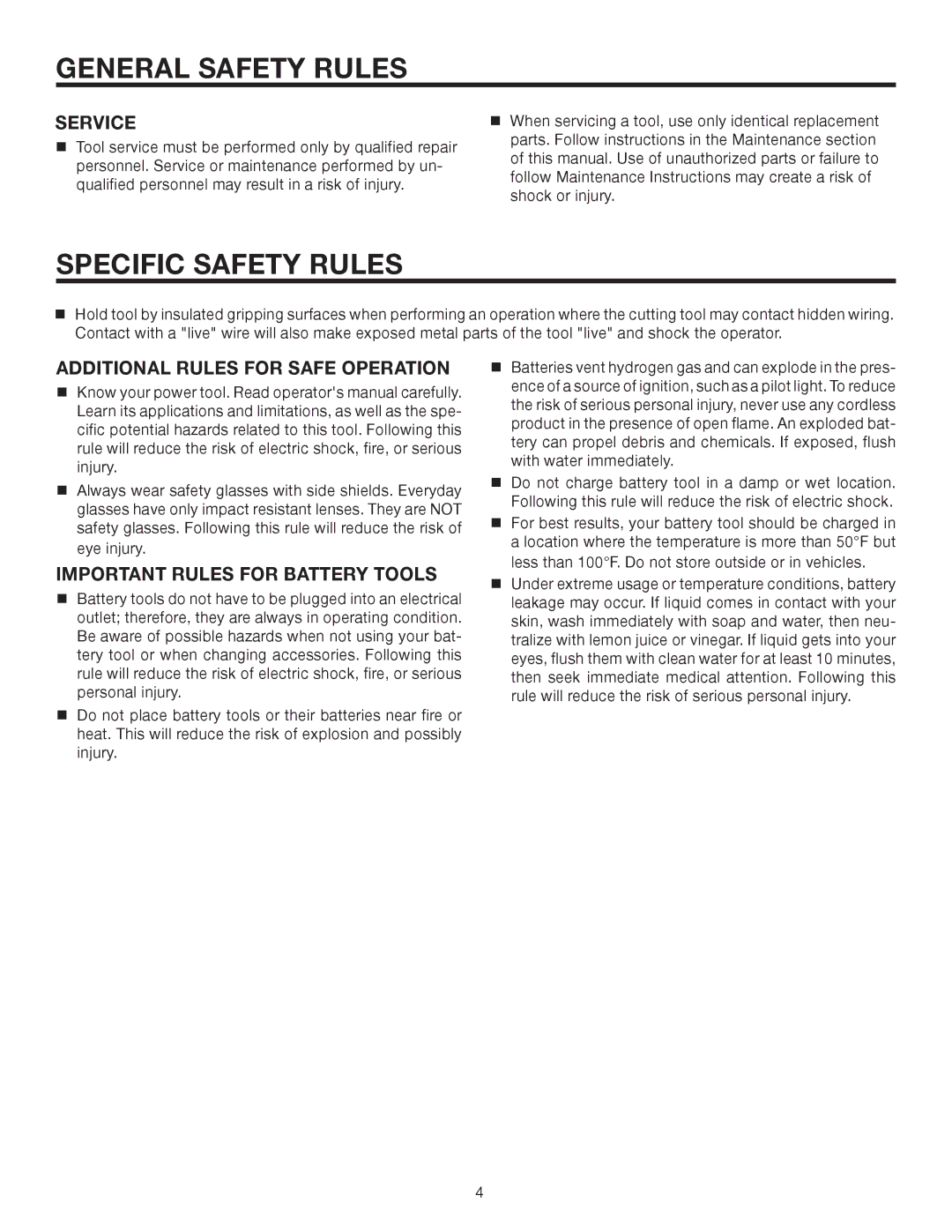 RIDGID R82001 manual Specific Safety Rules, Service, Additional Rules for Safe Operation, Important Rules for Battery Tools 