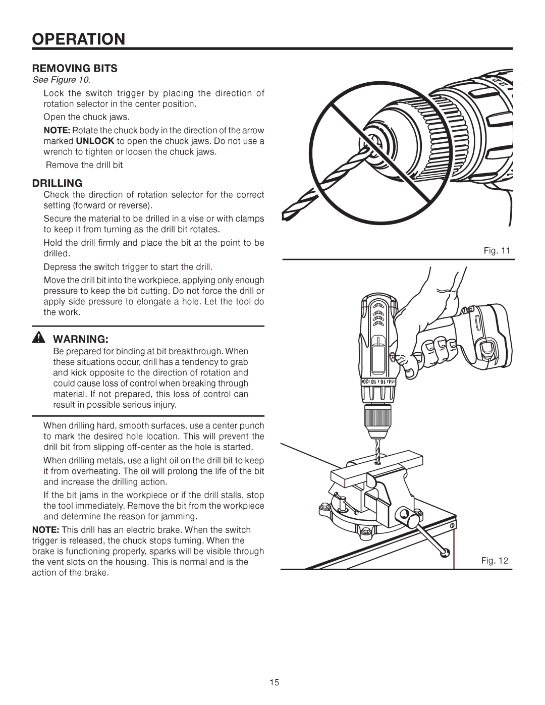 RIDGID R820011 manual Removing Bits, Drilling 