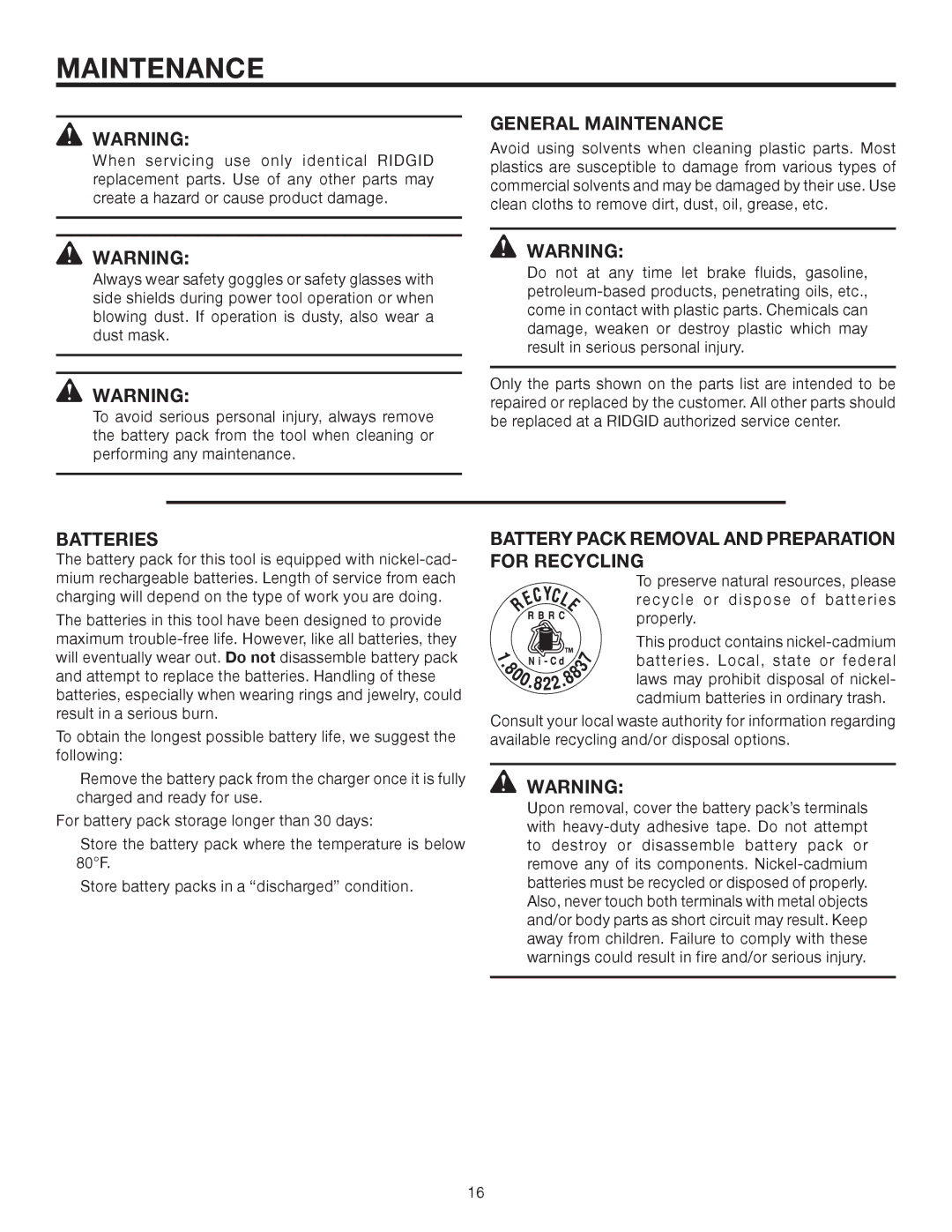 RIDGID R820011 manual General Maintenance, Batteries, Battery Pack Removal and Preparation for Recycling 