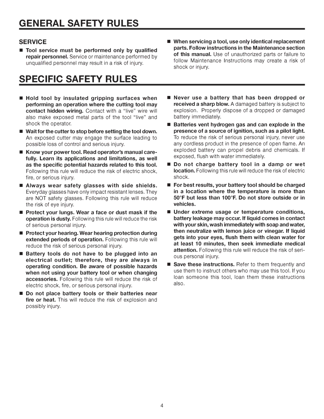 RIDGID R820011 manual Specific Safety Rules, Service 