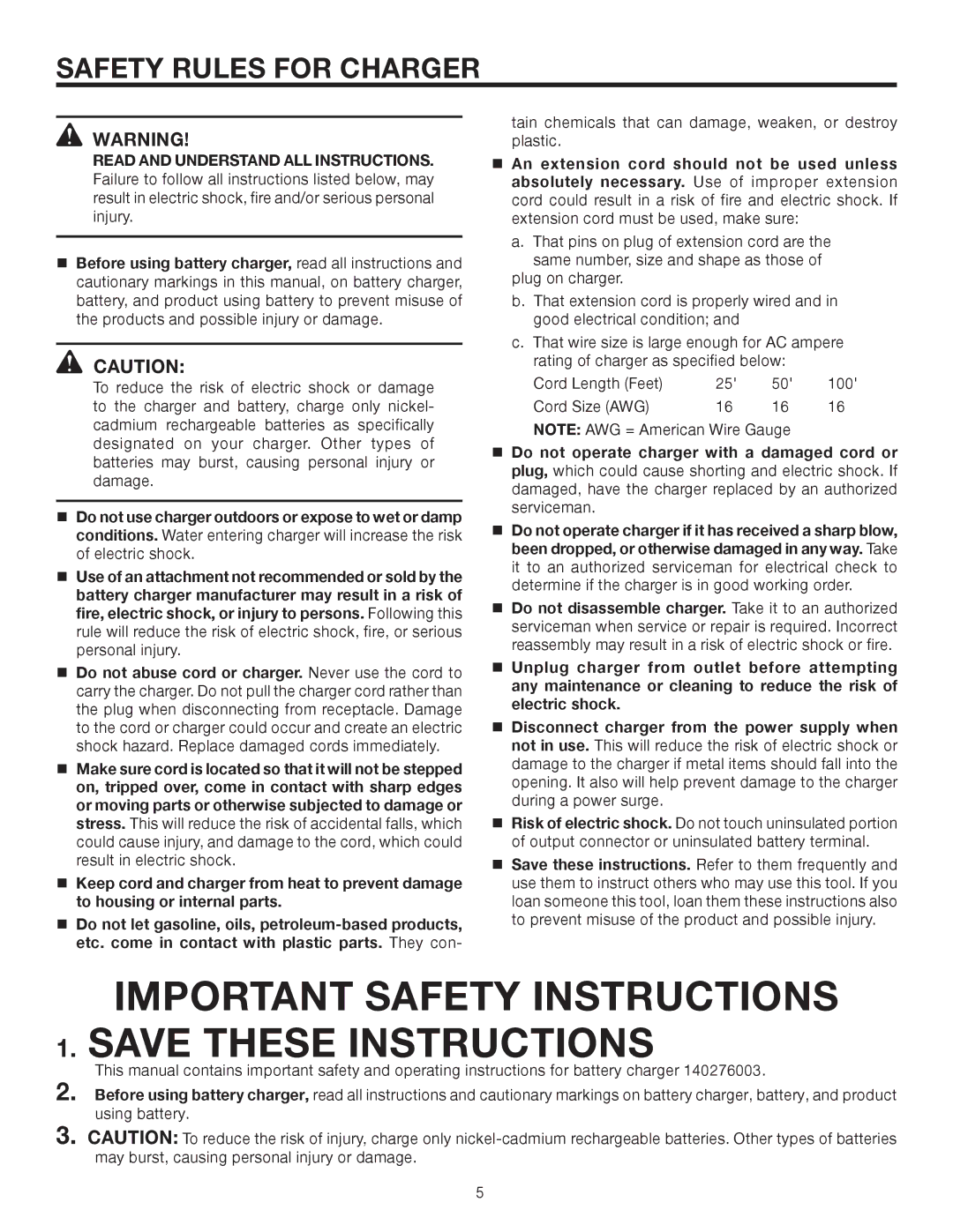 RIDGID R820011 manual Important Safety Instructions, Safety Rules for Charger 