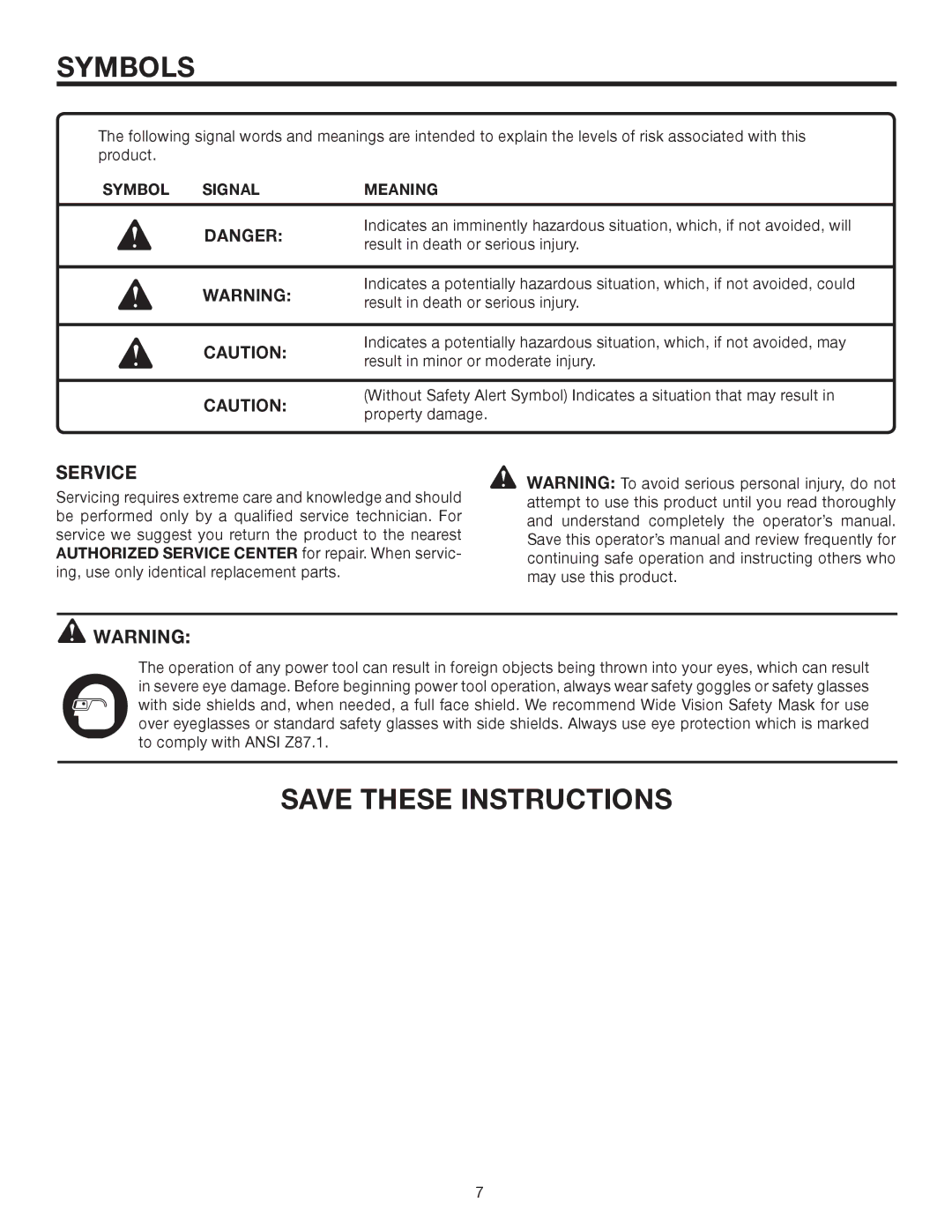 RIDGID R820011 manual Service, Symbol Signal Meaning 