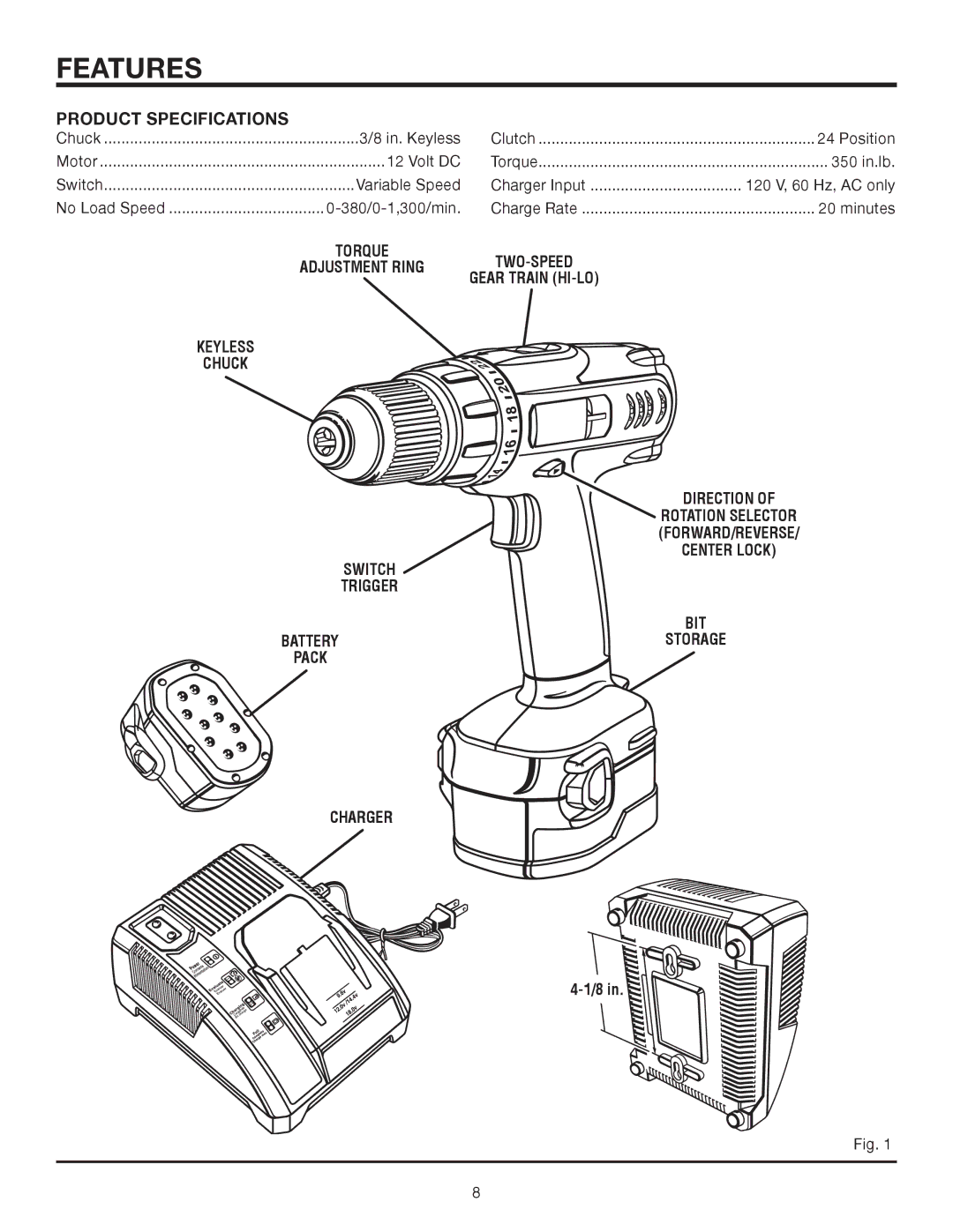 RIDGID R820011 manual Features, Switch Trigger BIT Batterystorage Pack Charger 