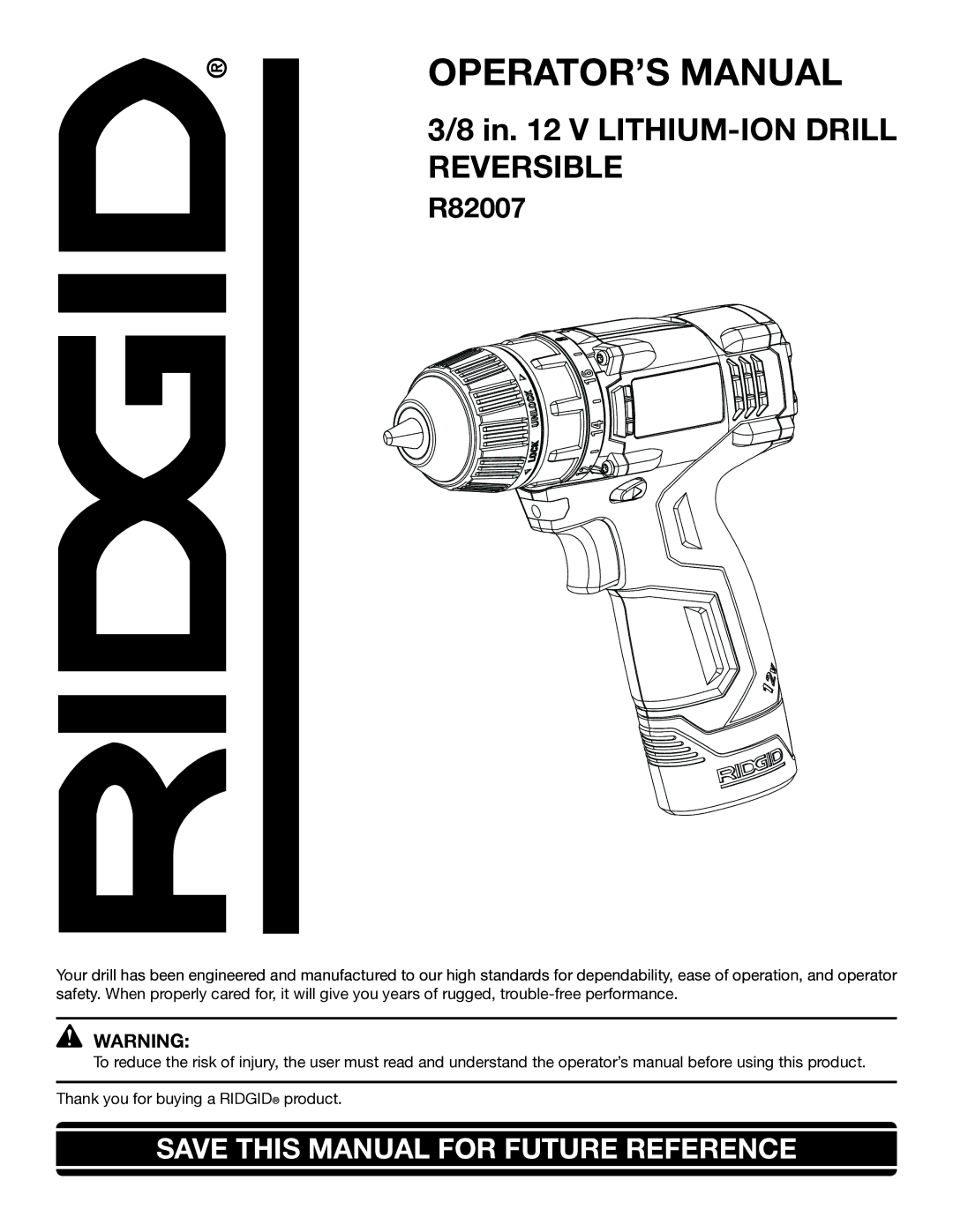 RIDGID R82007 manual OPERATOR’S Manual 