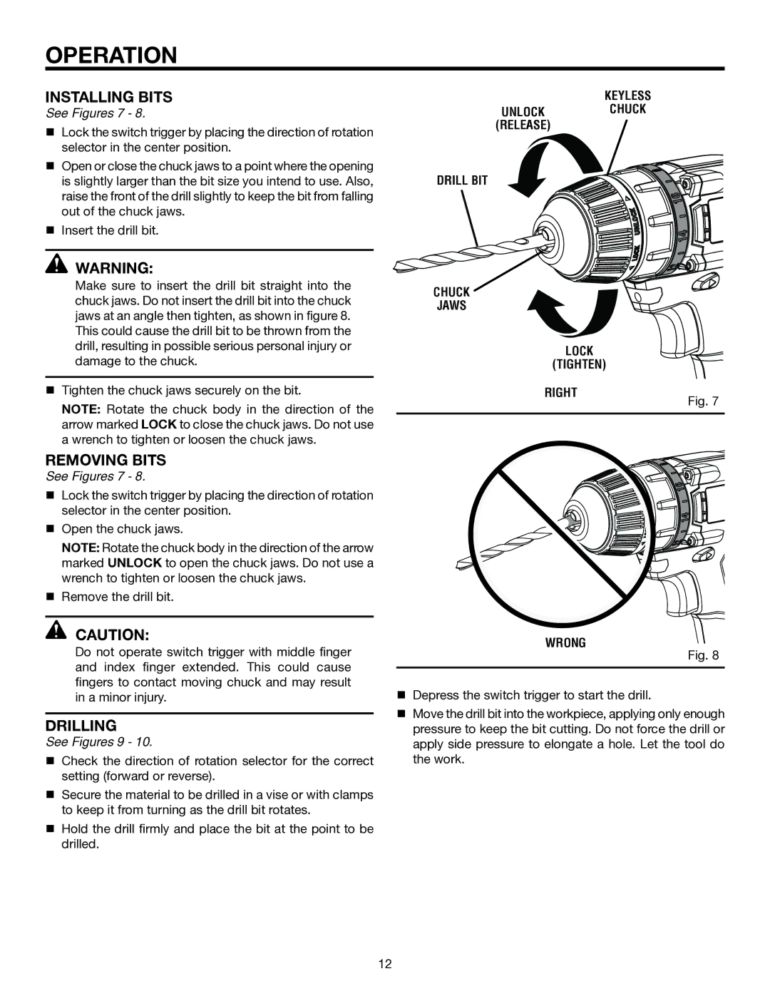 RIDGID R82007 manual Installing Bits, Removing Bits, Drilling 