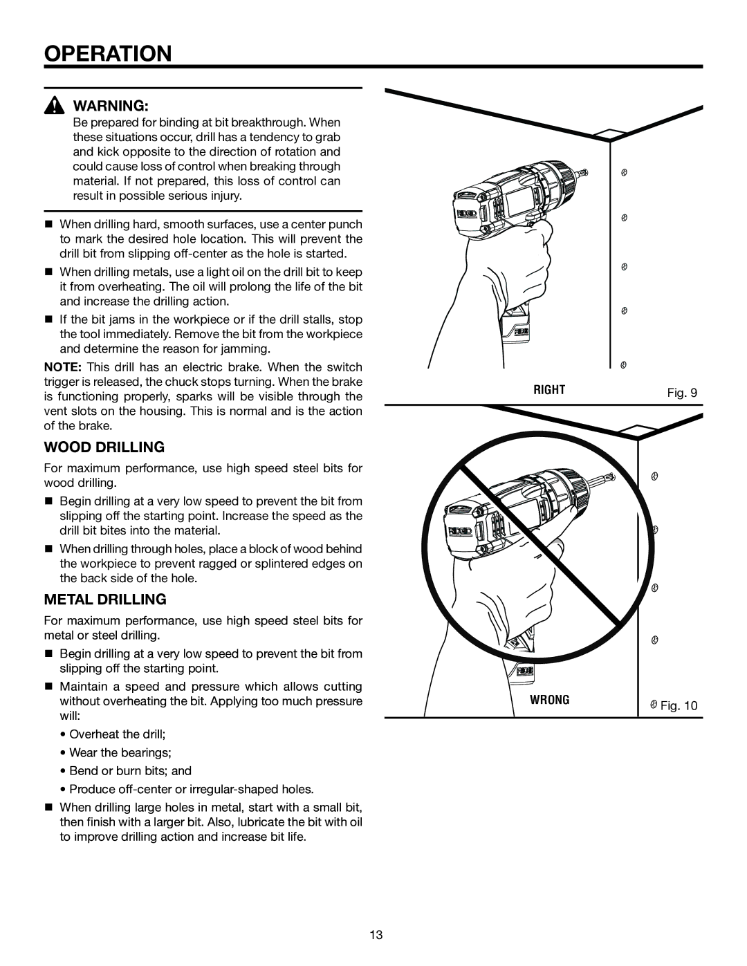 RIDGID R82007 manual Wood DRILLING, Metal DRILLING 