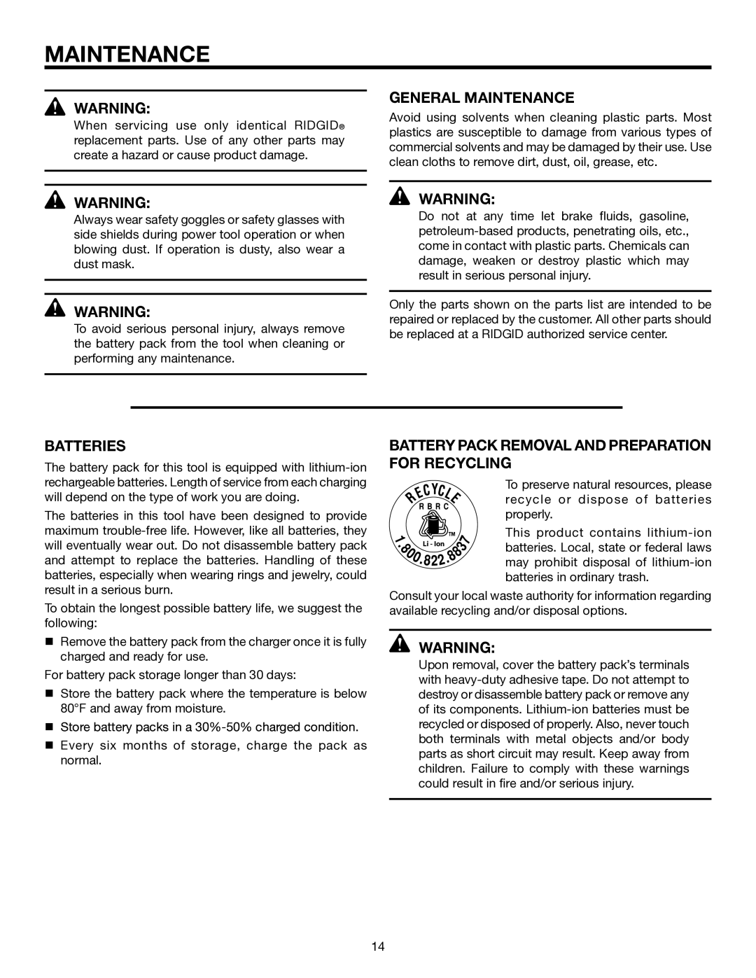 RIDGID R82007 manual General Maintenance, Batteries, Battery Pack Removal and Preparation for Recycling 