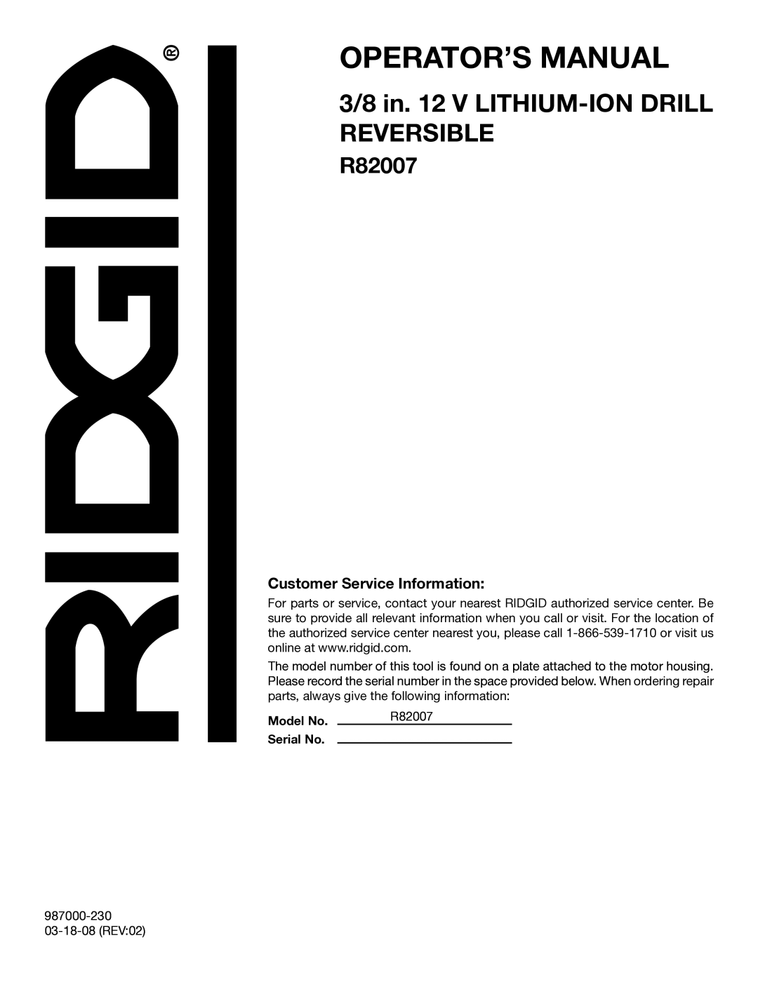 RIDGID R82007 manual Customer Service Information 