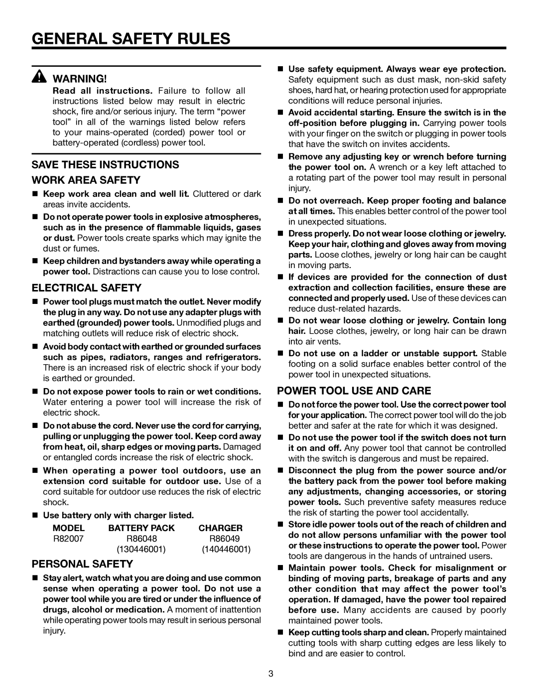 RIDGID R82007 manual General Safety Rules, Electrical Safety, Personal Safety, Power Tool USE and Care 