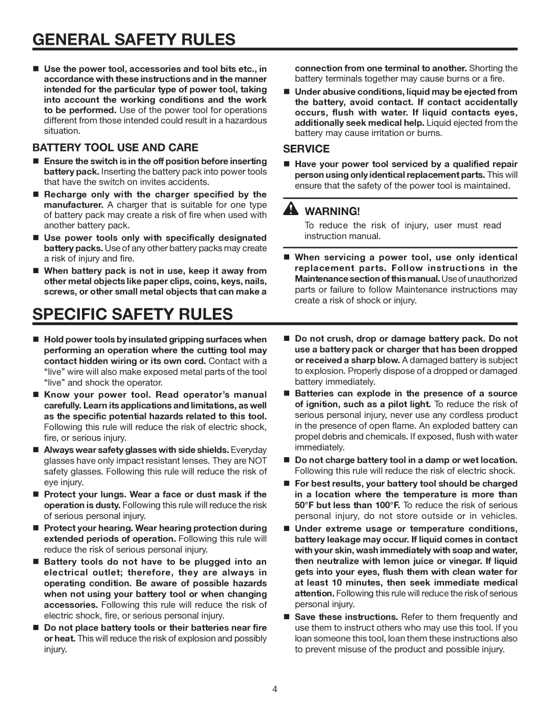 RIDGID R82007 manual Specific Safety Rules, Battery Tool USE and Care, Service 