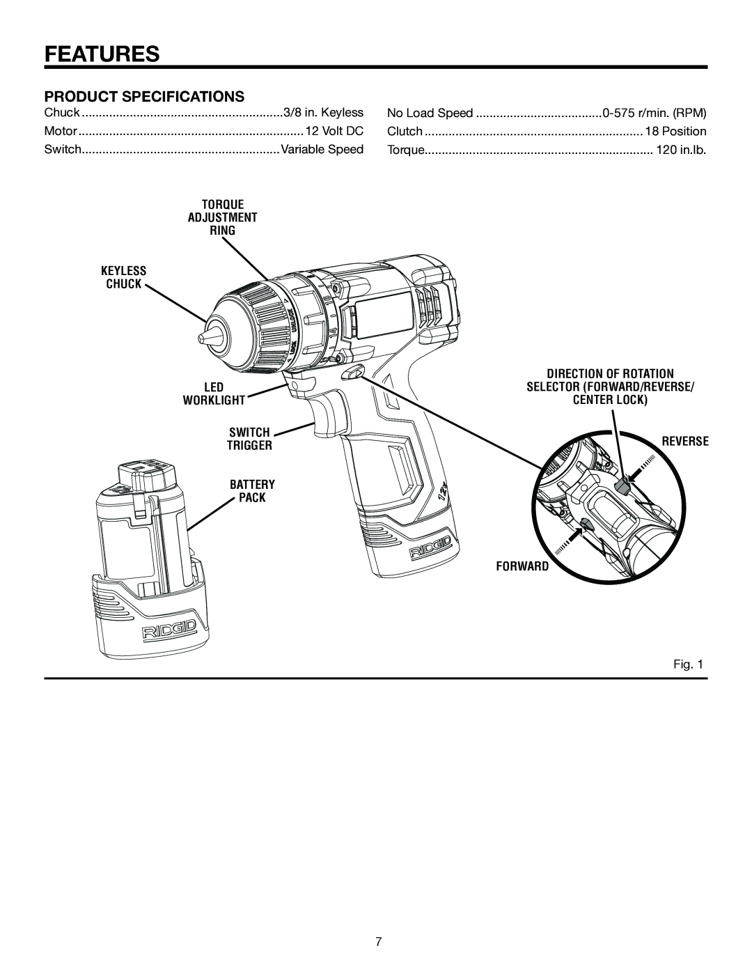 RIDGID R82007 manual Features, Product Specifications 